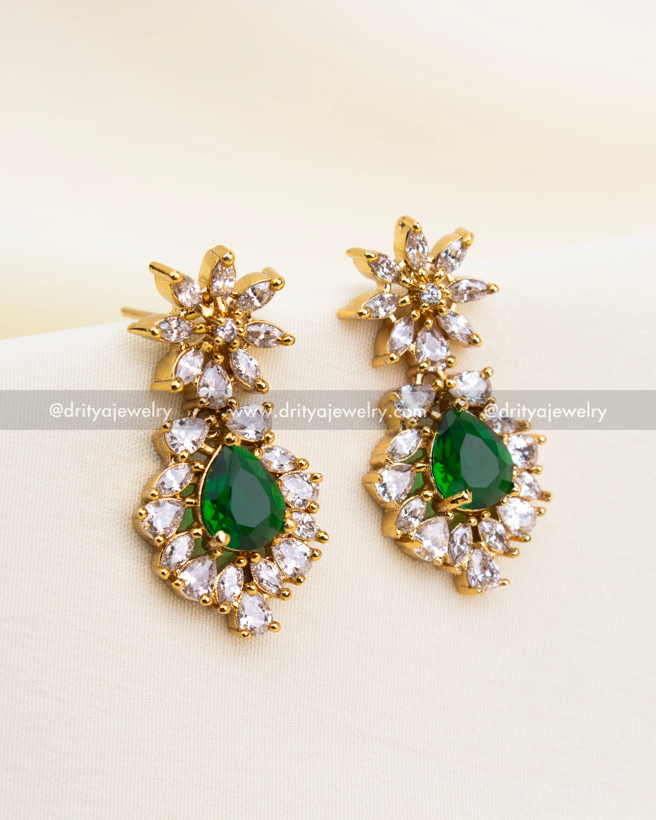 Emerald Green CZ Short Necklace Set with Gold Finish