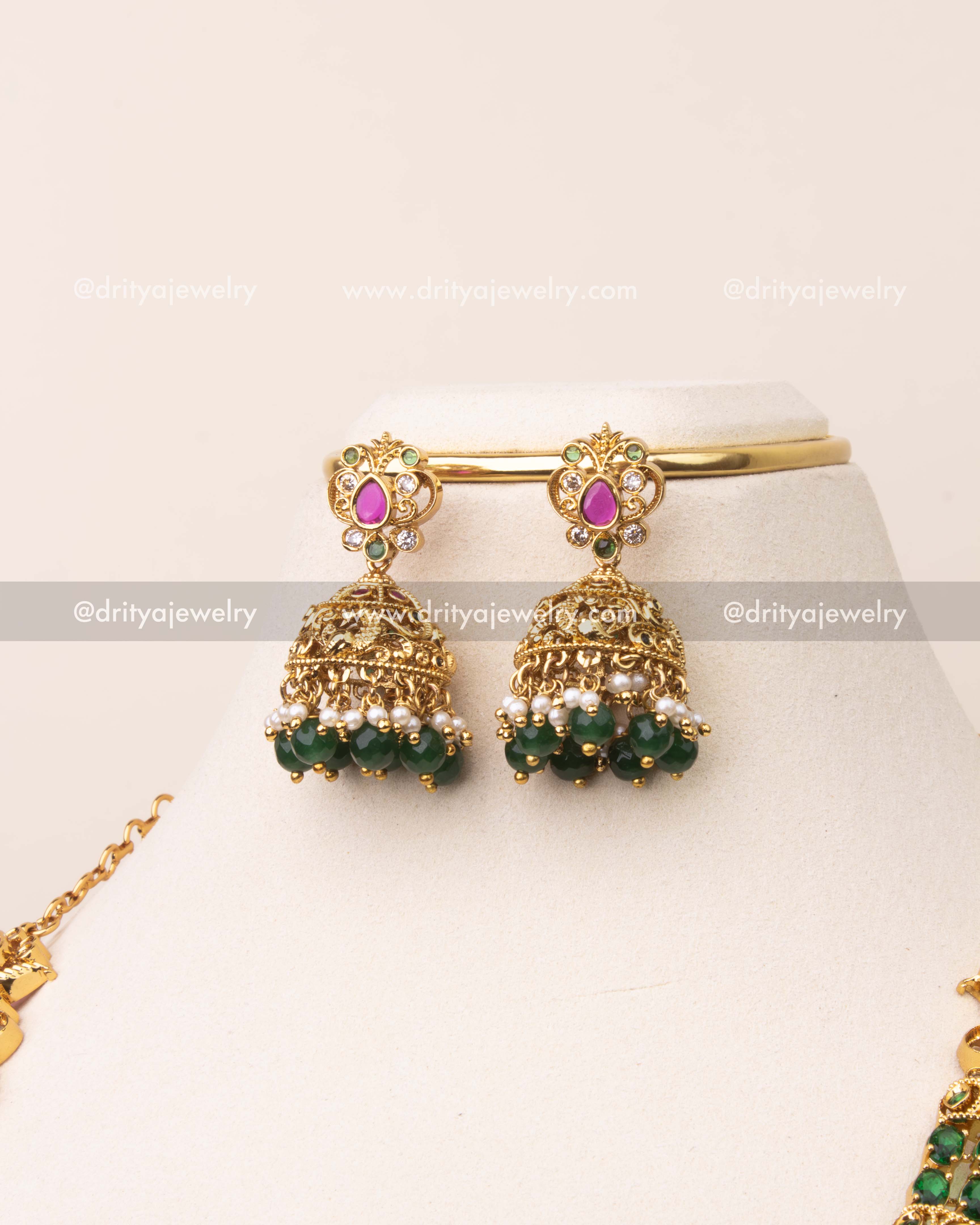 Premium Long Necklace Set with Filigree Pendant -  Emerald