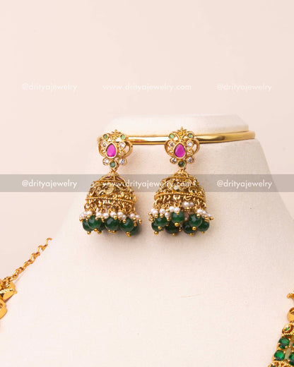 Premium Long Necklace Set with Filigree Pendant -  Emerald