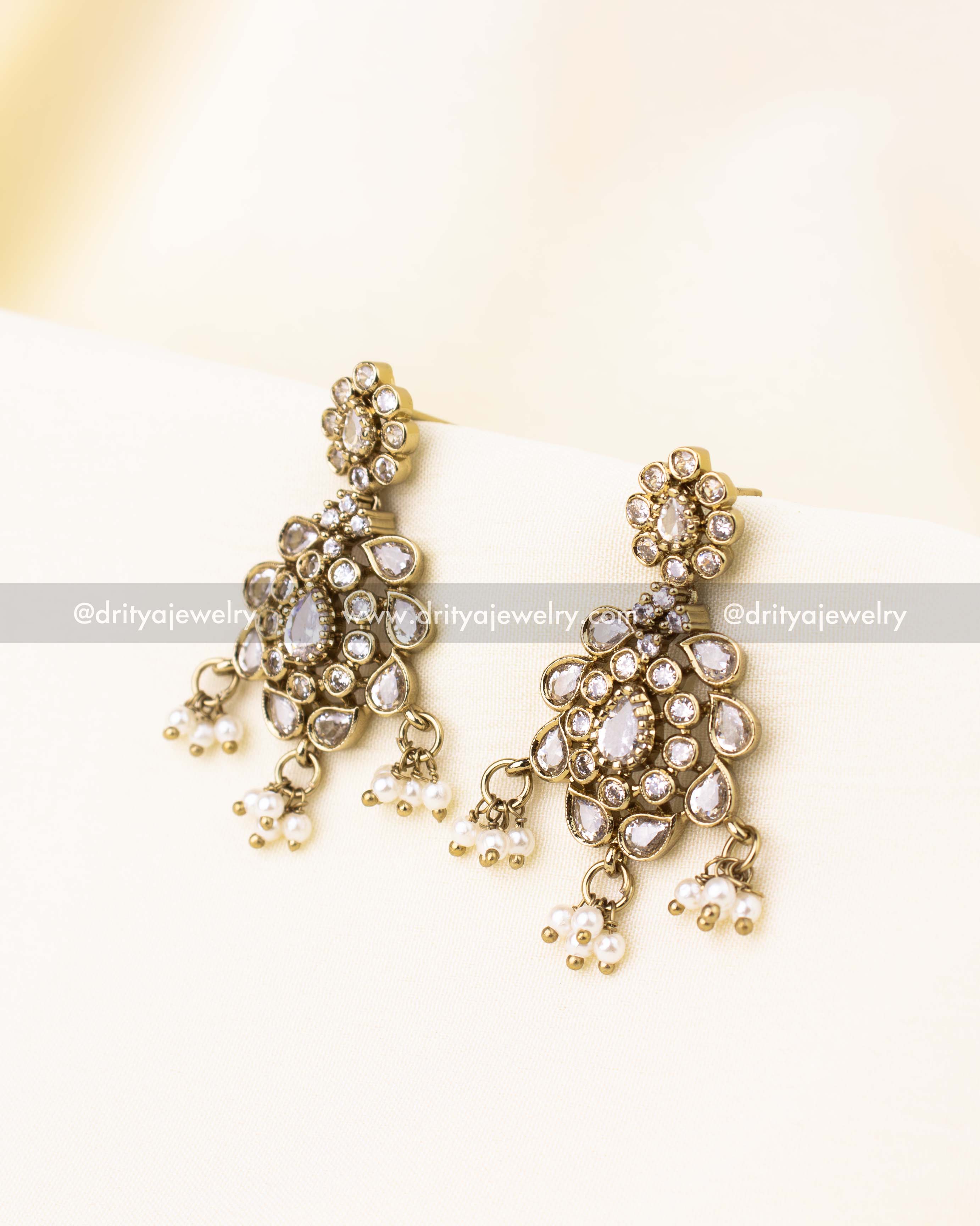 Pair of Victorian earrings with CZ stones and pearl drops matching the choker necklace.