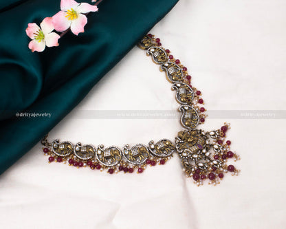 Dritya Jewelry's Mehndi Victorian Balaji Necklace Set with Balaji pendant and elephant motifs, adorned with ruby beads, perfect for weddings and cultural ceremonies.