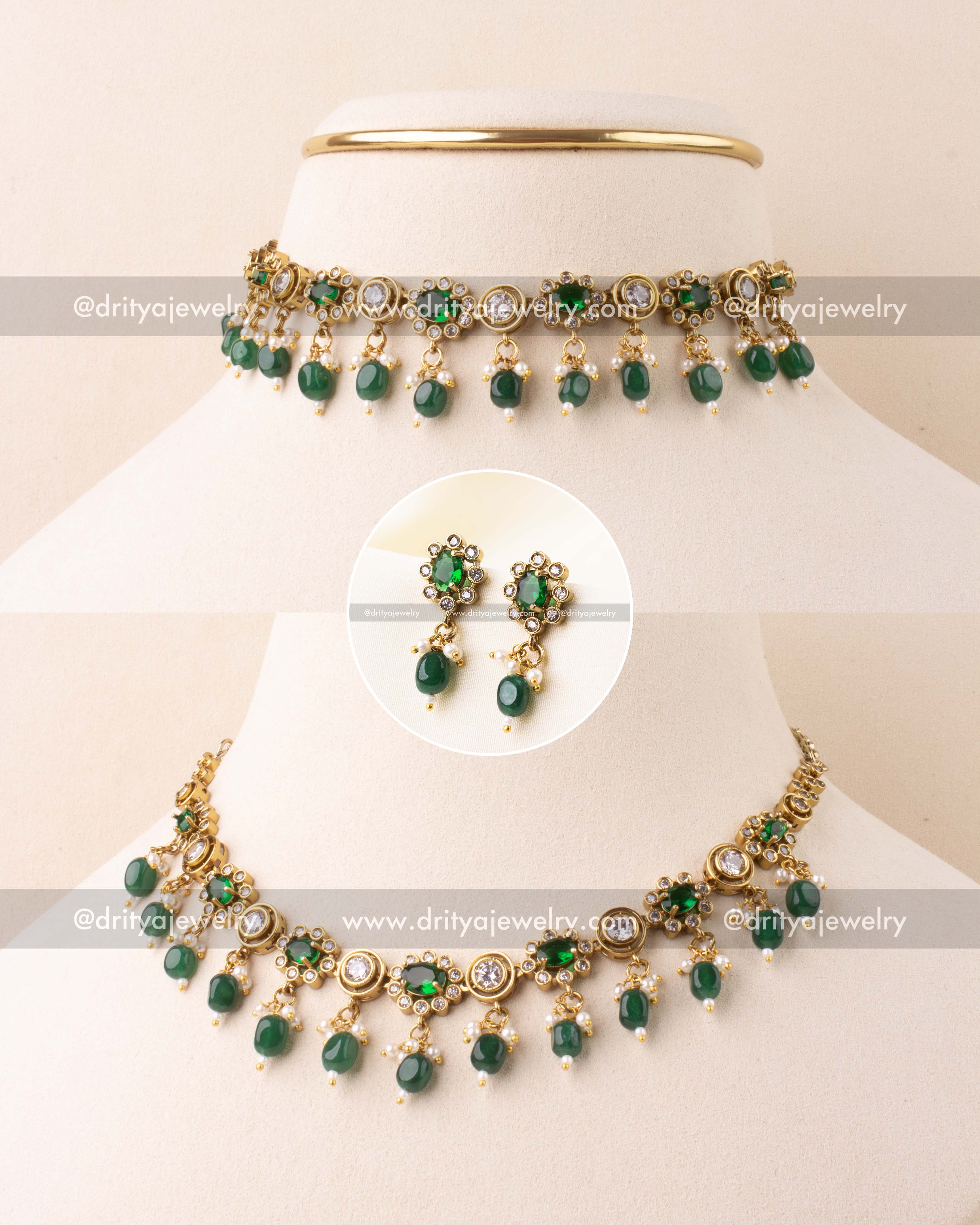 Emerald green necklace with antique Victorian finish and green bead danglers.