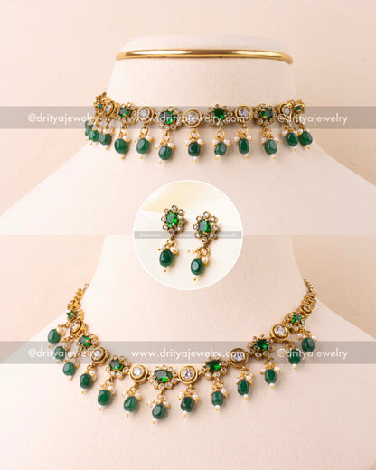 Emerald green necklace with antique Victorian finish and green bead danglers.