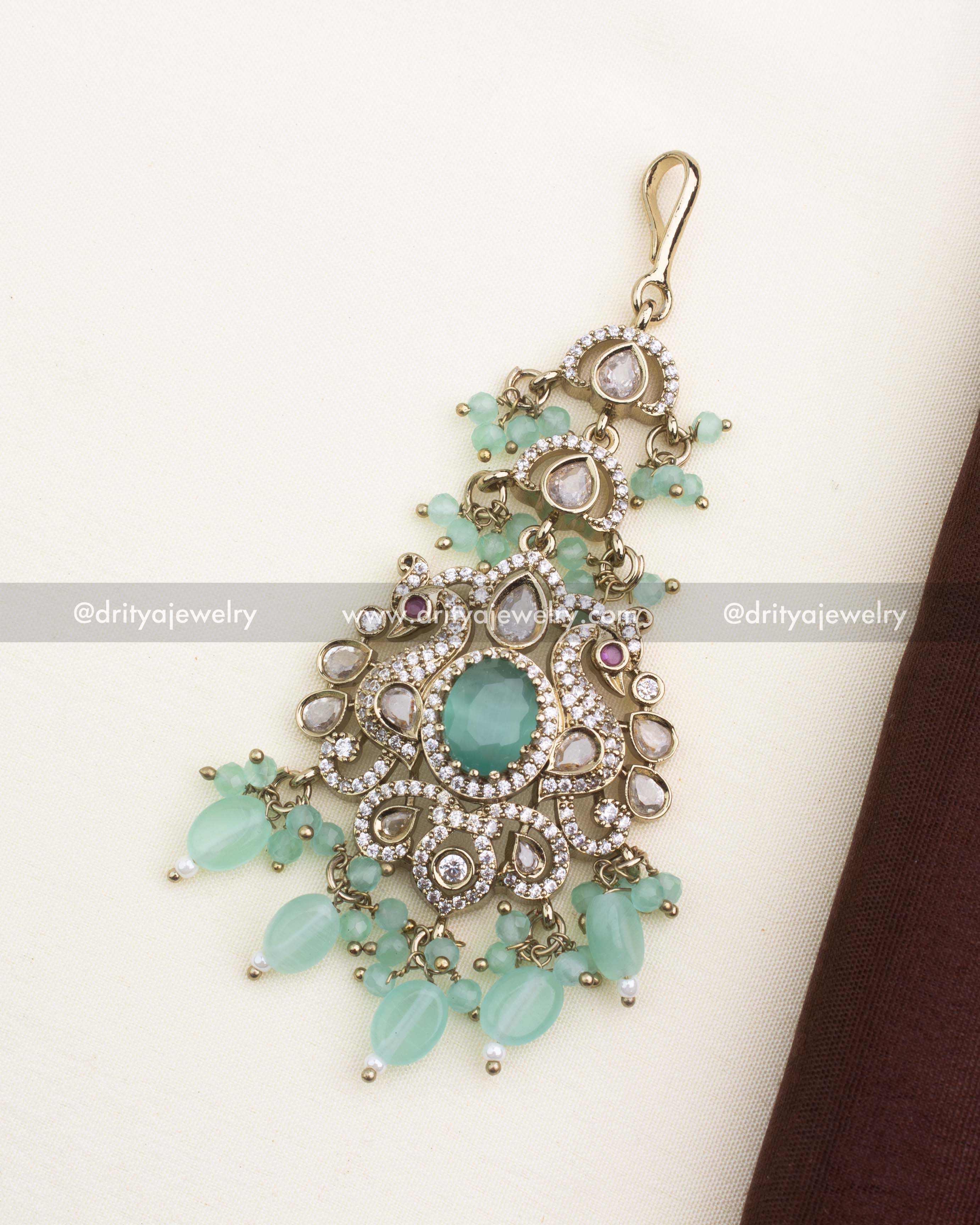 Mint green Victorian bridal maang tikka with kundan work and pastel bead drops