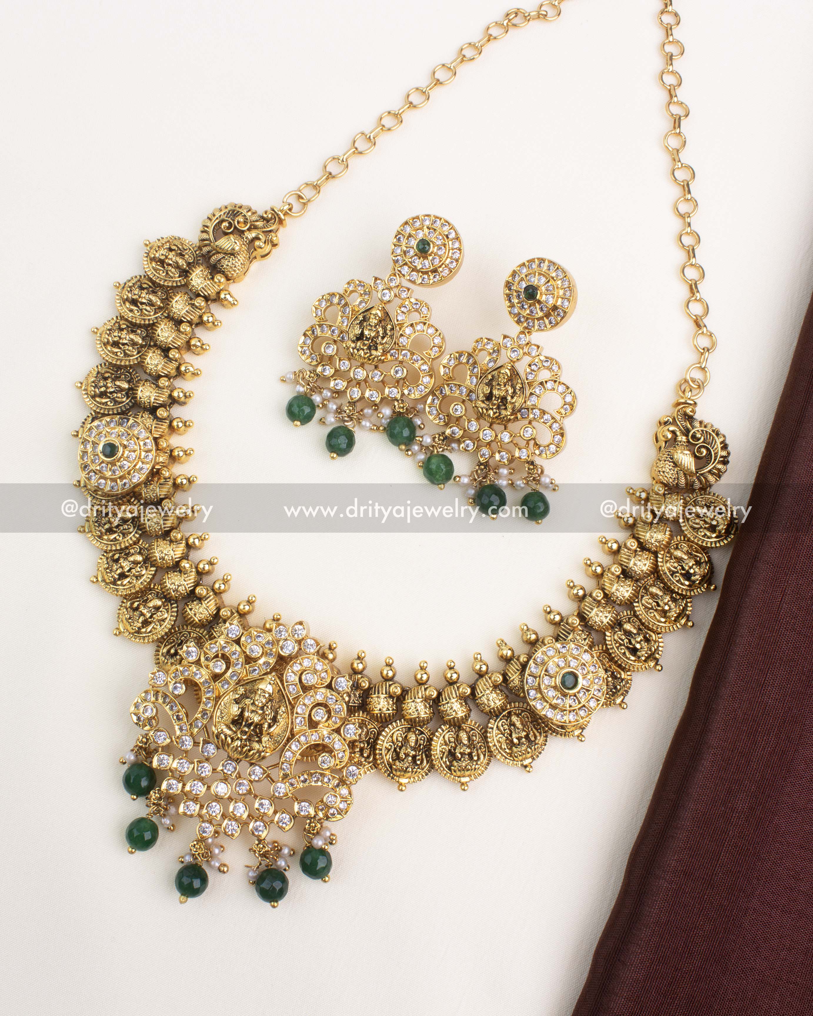 Premium Nakshi Kasulu Short Necklace Set - Emerald Green