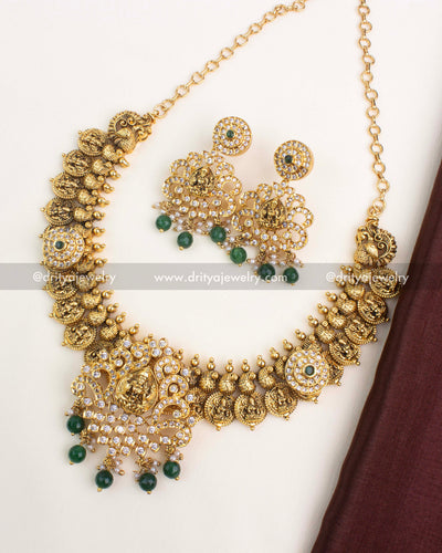 Premium Nakshi Kasulu Short Necklace Set - Emerald Green