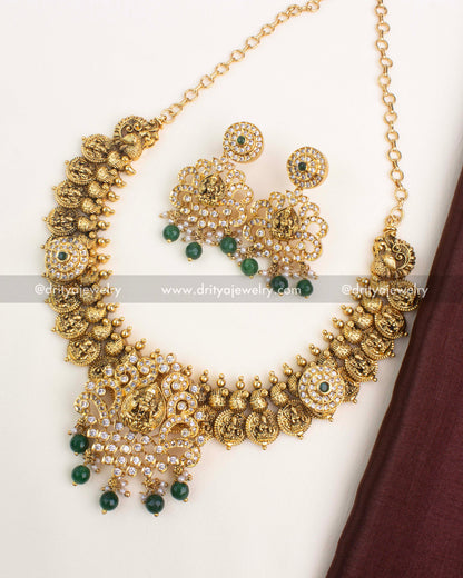 Premium Nakshi Kasulu Short Necklace Set - Emerald Green