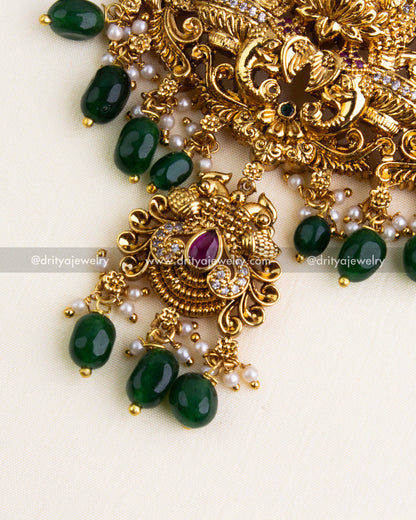 Emerald Green Drop Beads and Pendant Detailing with Ruby Centerstone and Pearl Accents