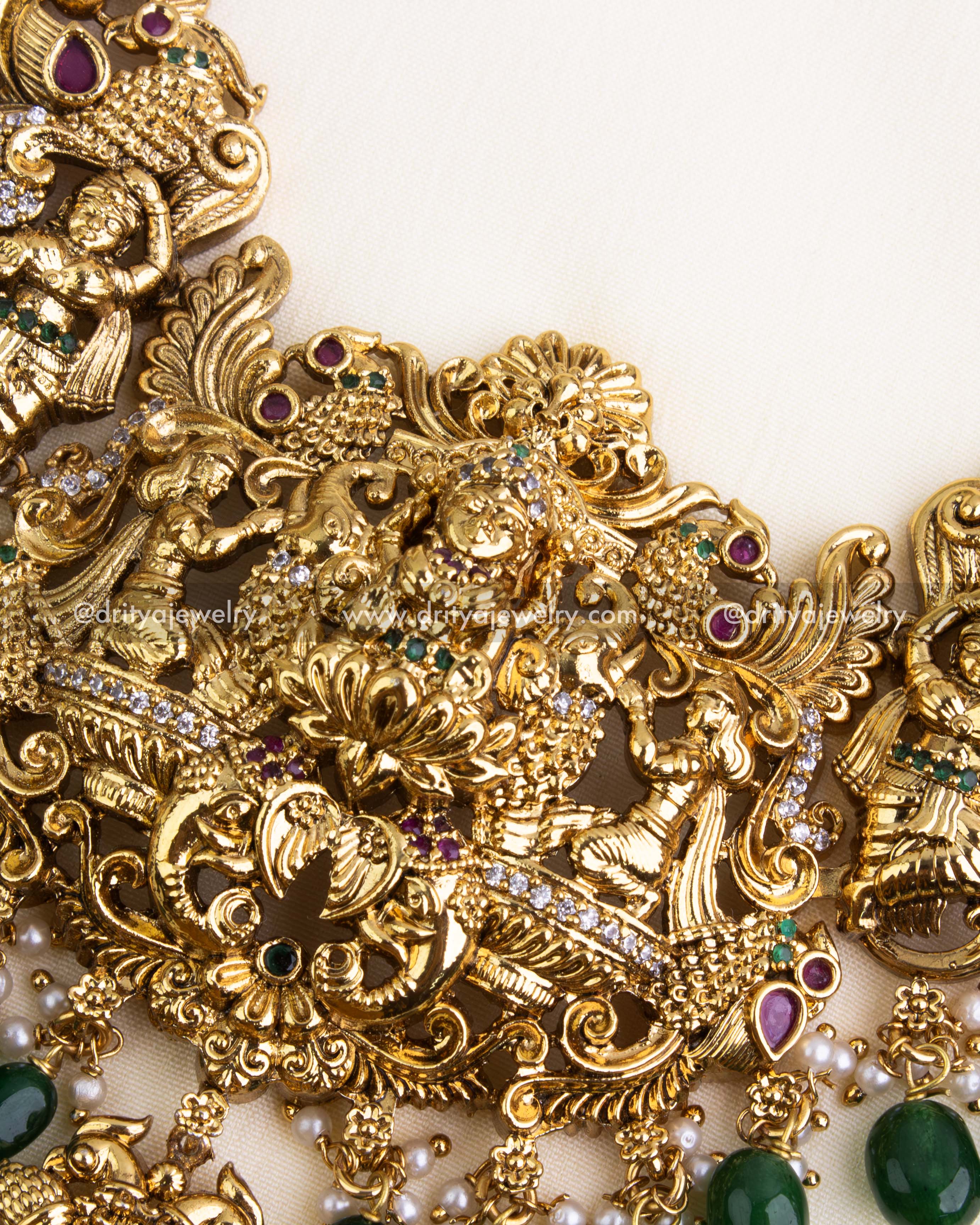 Lakshmi Pendant Detailing with Intricate Temple Carvings and CZ Embellishments
