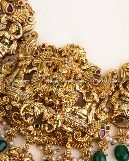 Lakshmi Pendant Detailing with Intricate Temple Carvings and CZ Embellishments