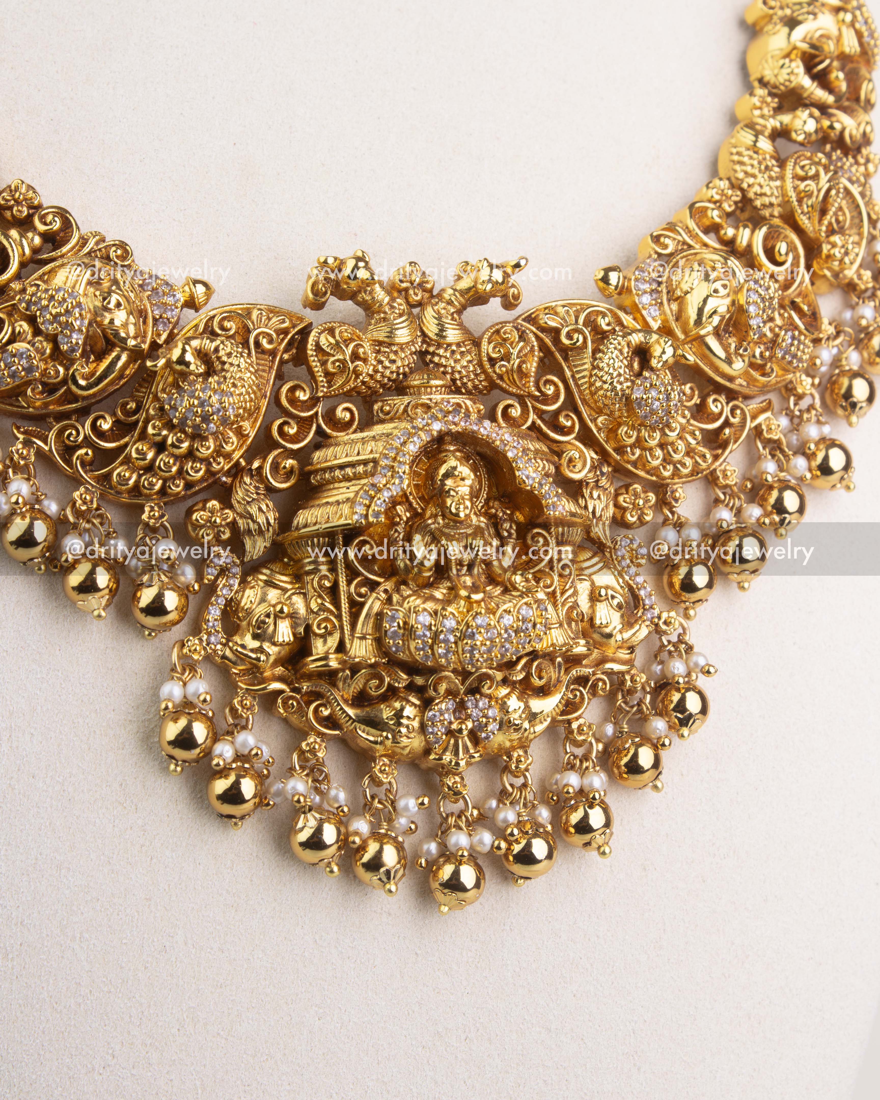 Premium Temple Long Necklace Set with Nakshi Detailing