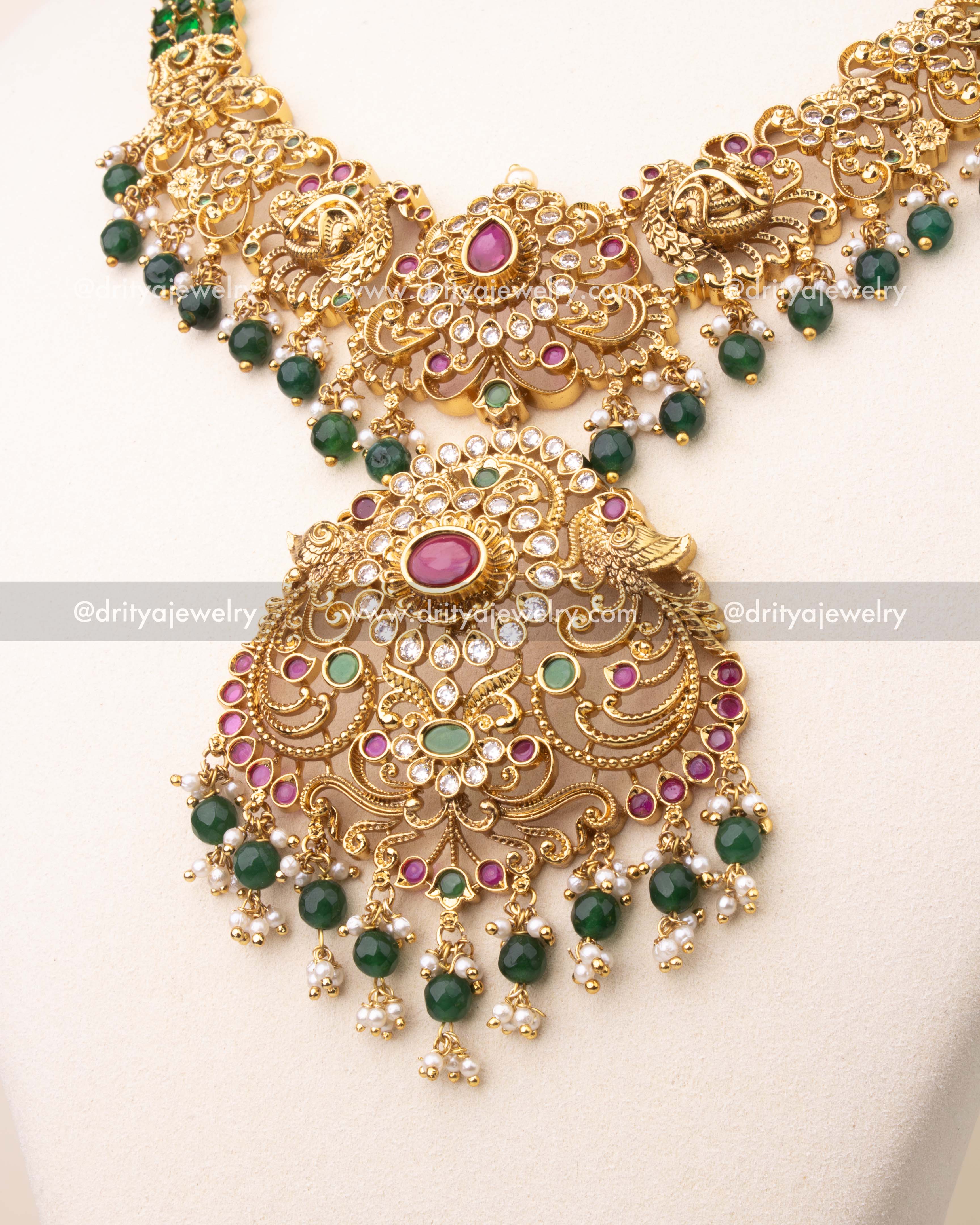 Premium Long Necklace Set with Filigree Pendant -  Emerald