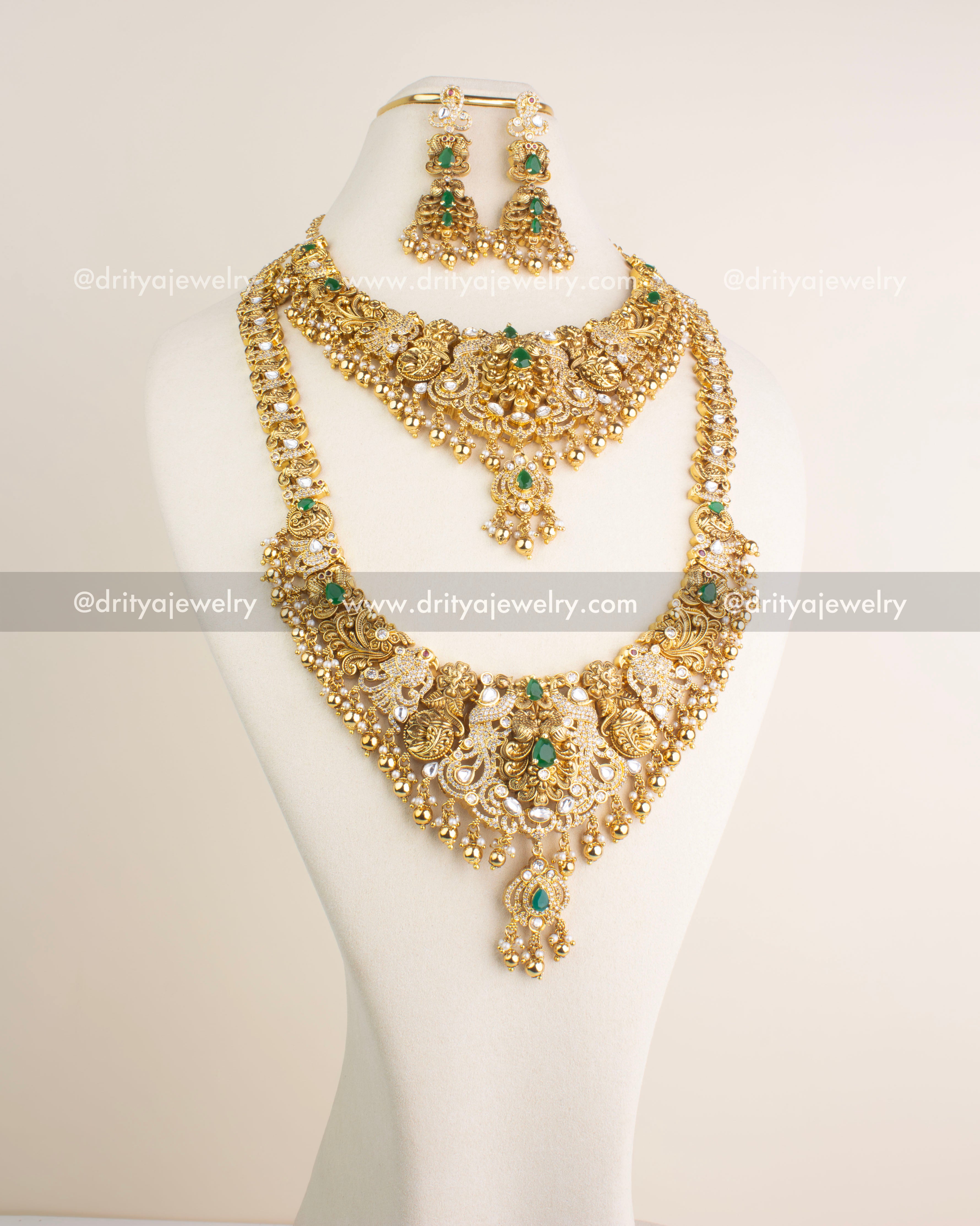 Complete bridal-style antique jewelry combo set featuring long necklace, short necklace, and matching danglers with polki kundan and green stone embellishments.