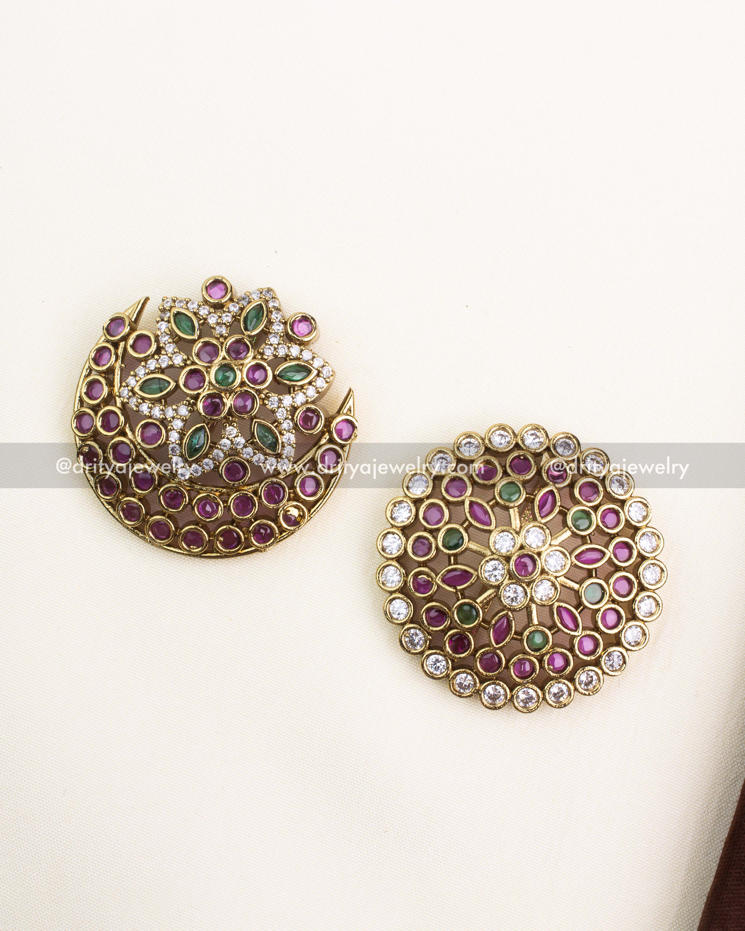 Antique gold hair pins with ruby, emerald, and CZ stones in Sun and Moon designs.