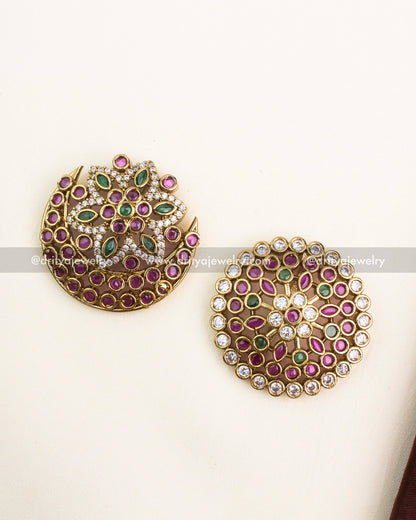Antique gold hair pins with ruby, emerald, and CZ stones in Sun and Moon designs.