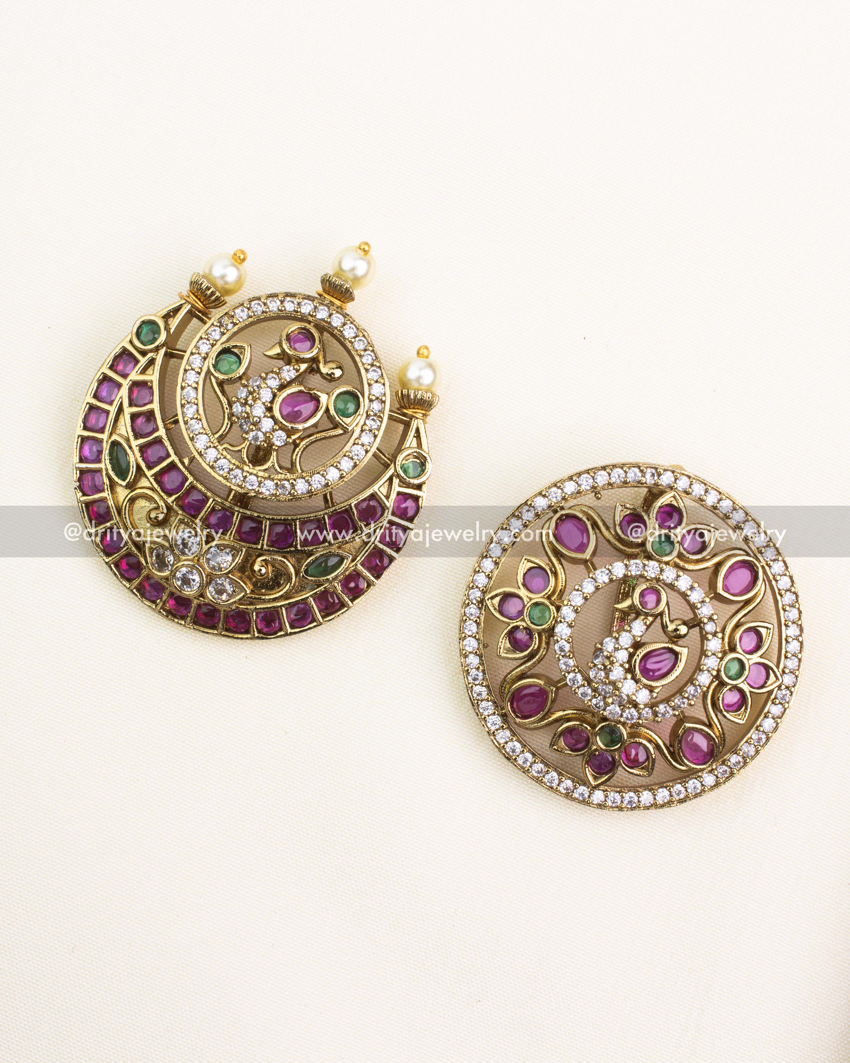 Antique gold hair pins in sun and moon designs with ruby, emerald, CZ stones, and pearl accents.