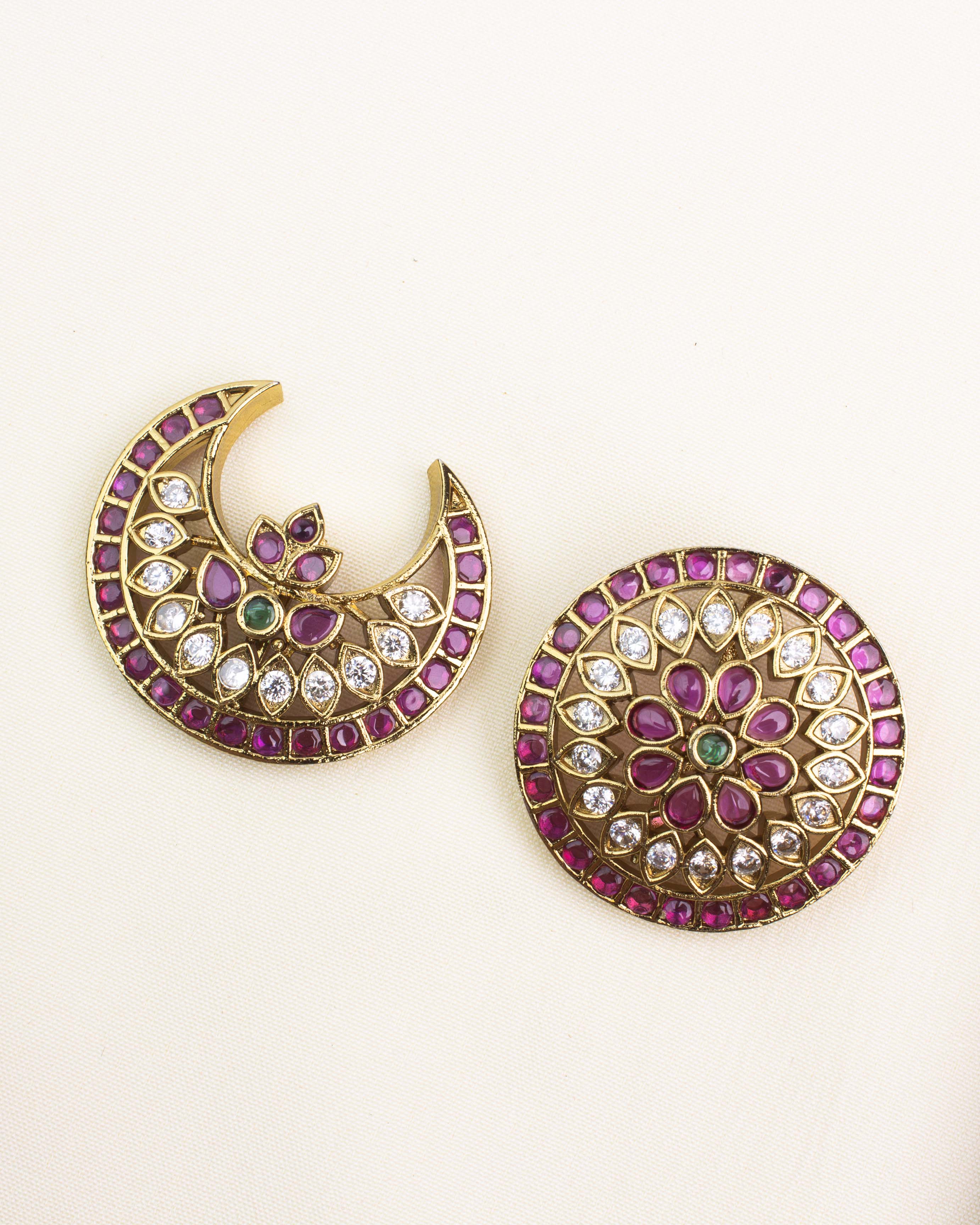 Antique gold hair pins featuring ruby, emerald, and CZ stones in Sun and Moon designs.