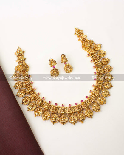Temple style Bottu Maala short necklace with Nakshi Lakshmi coin detailing