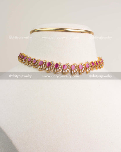 Ruby CZ short necklace set with gold polish and matching earrings.