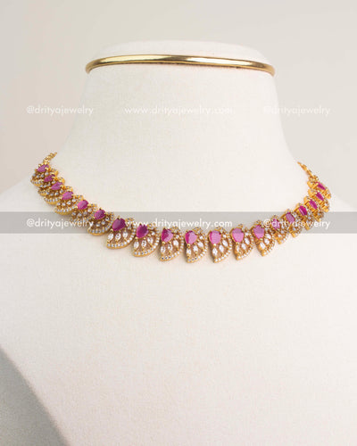 Ruby CZ short necklace set with gold polish and matching earrings.