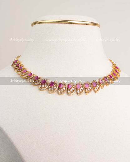 Ruby CZ short necklace set with gold polish and matching earrings.
