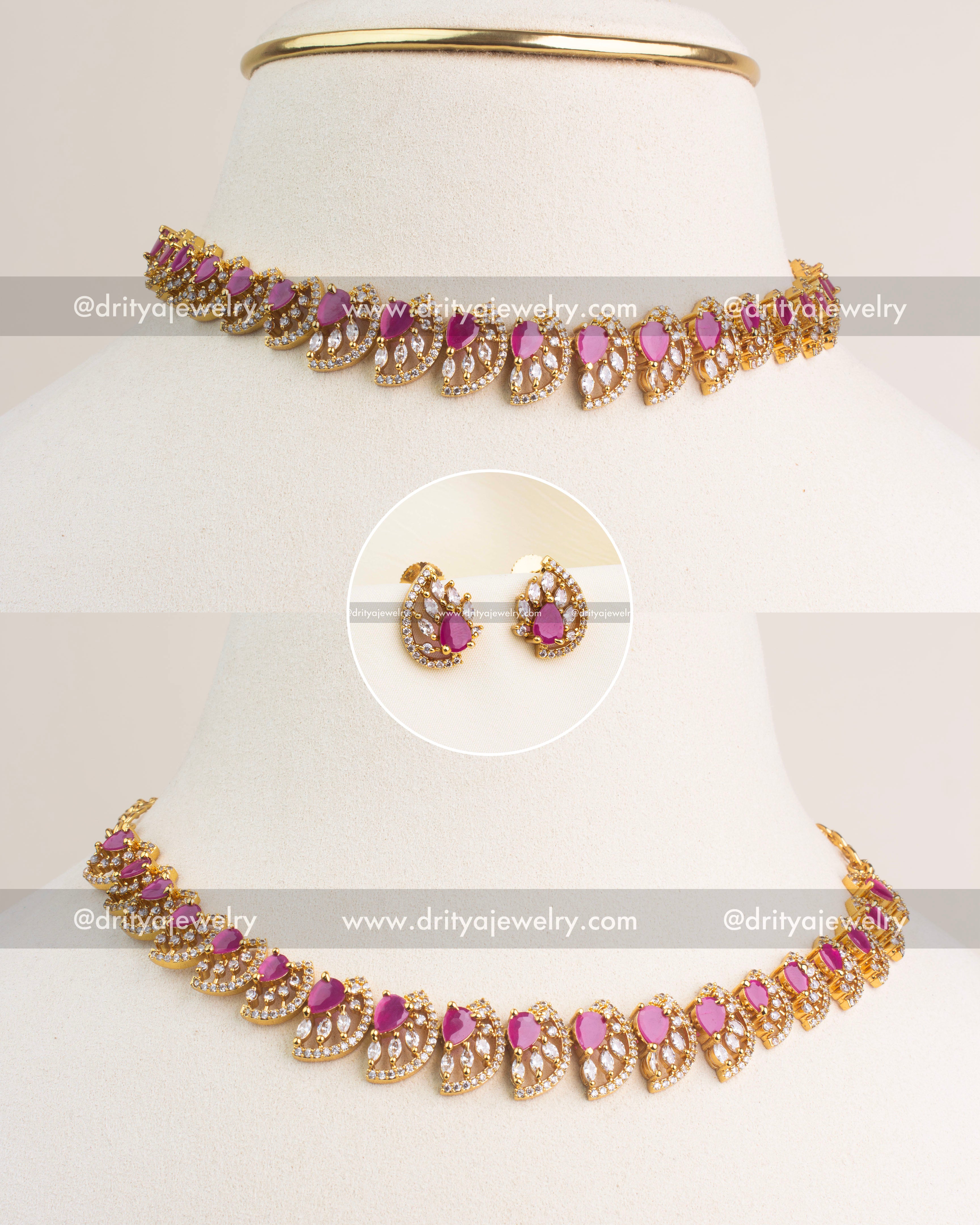 Ruby CZ short necklace set with gold polish and matching earrings.