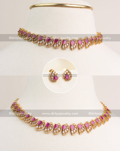 Ruby CZ short necklace set with gold polish and matching earrings.