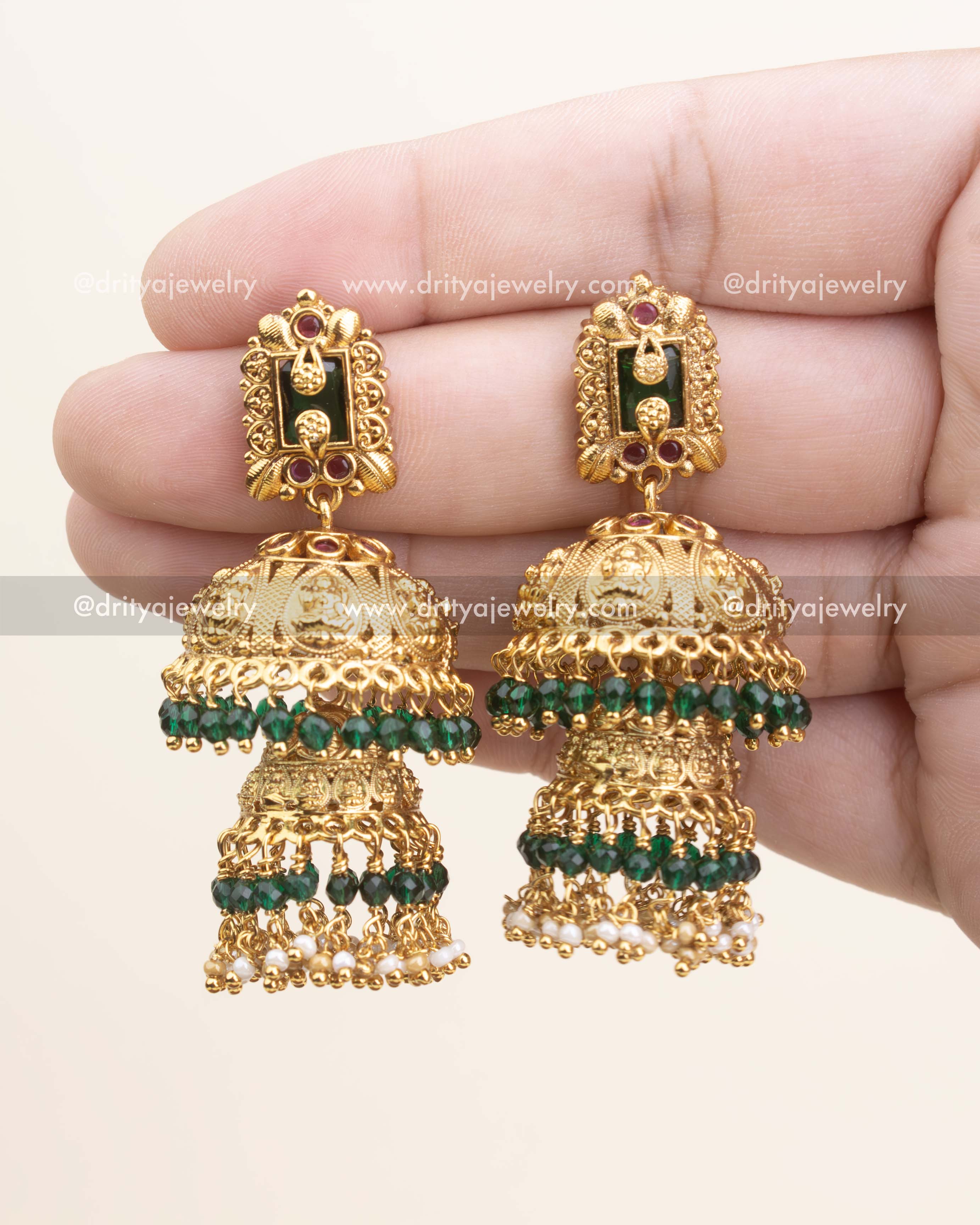 Premium Gold-Plated Temple Jhumka Earrings with Emerald Beads