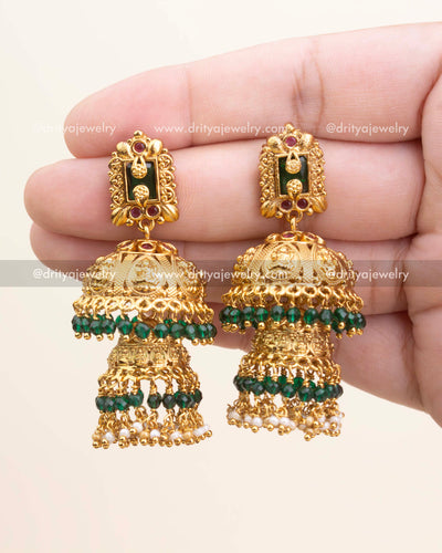 Premium Gold-Plated Temple Jhumka Earrings with Emerald Beads