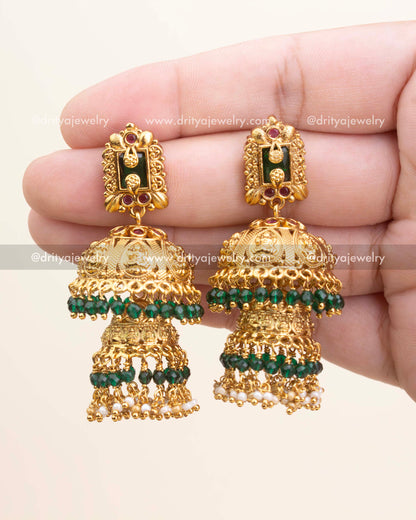 Premium Gold-Plated Temple Jhumka Earrings with Emerald Beads