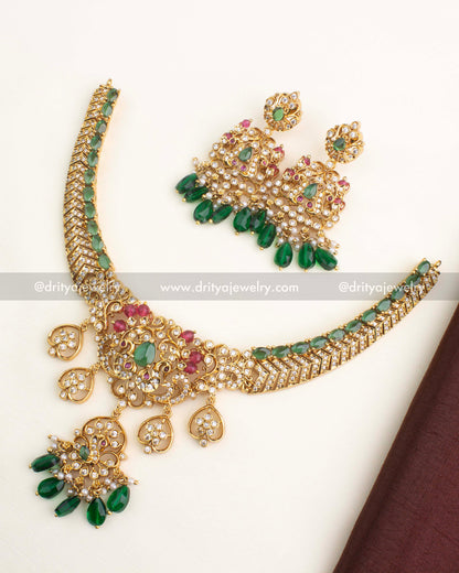 Premium Emerald Green AD Short Necklace Set