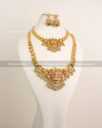 Antique gold temple combo set with Lakshmi Devi pendant and ruby Kemp stones.