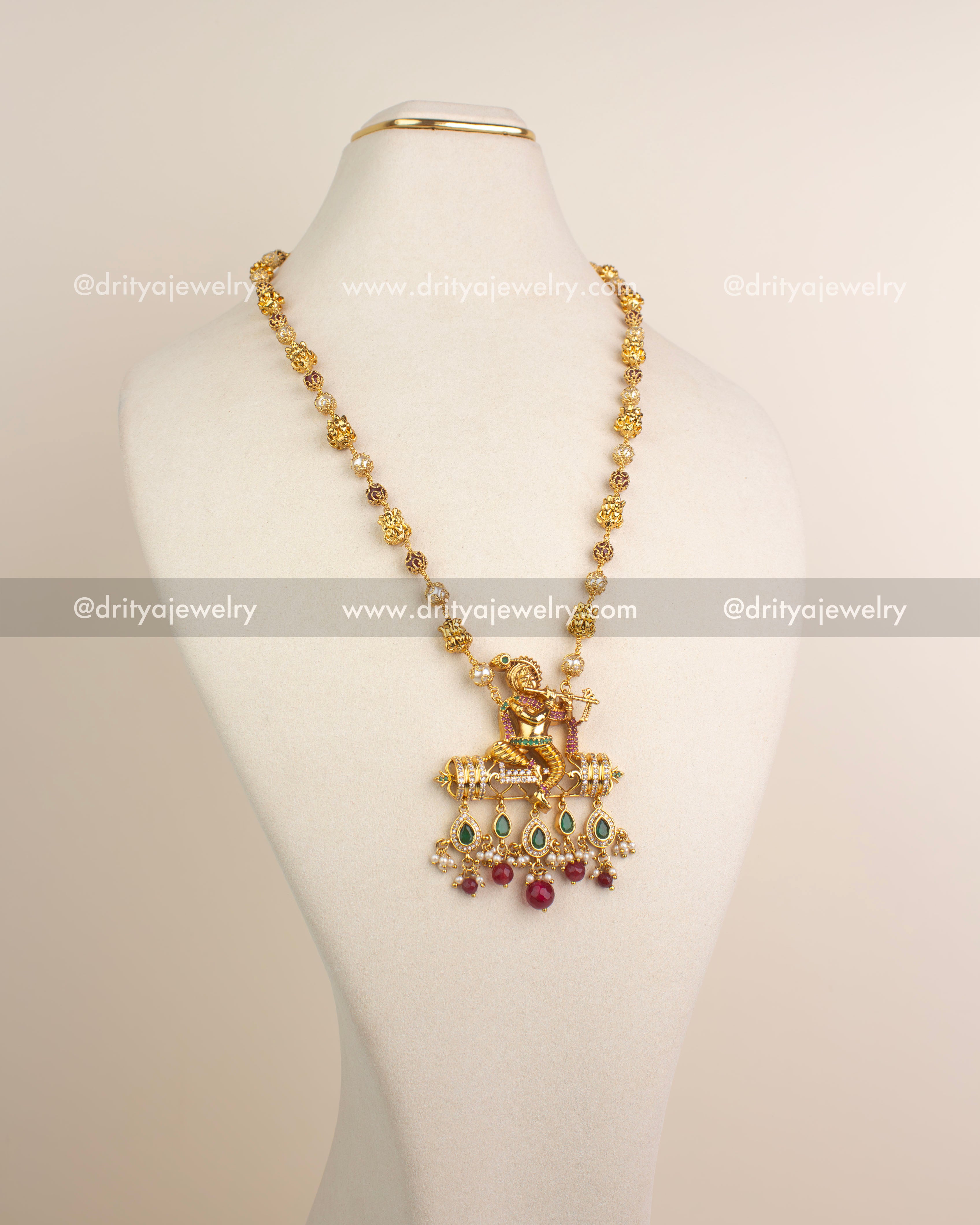 Premium Lord Krishna Pendant Necklace with Ruby Beads