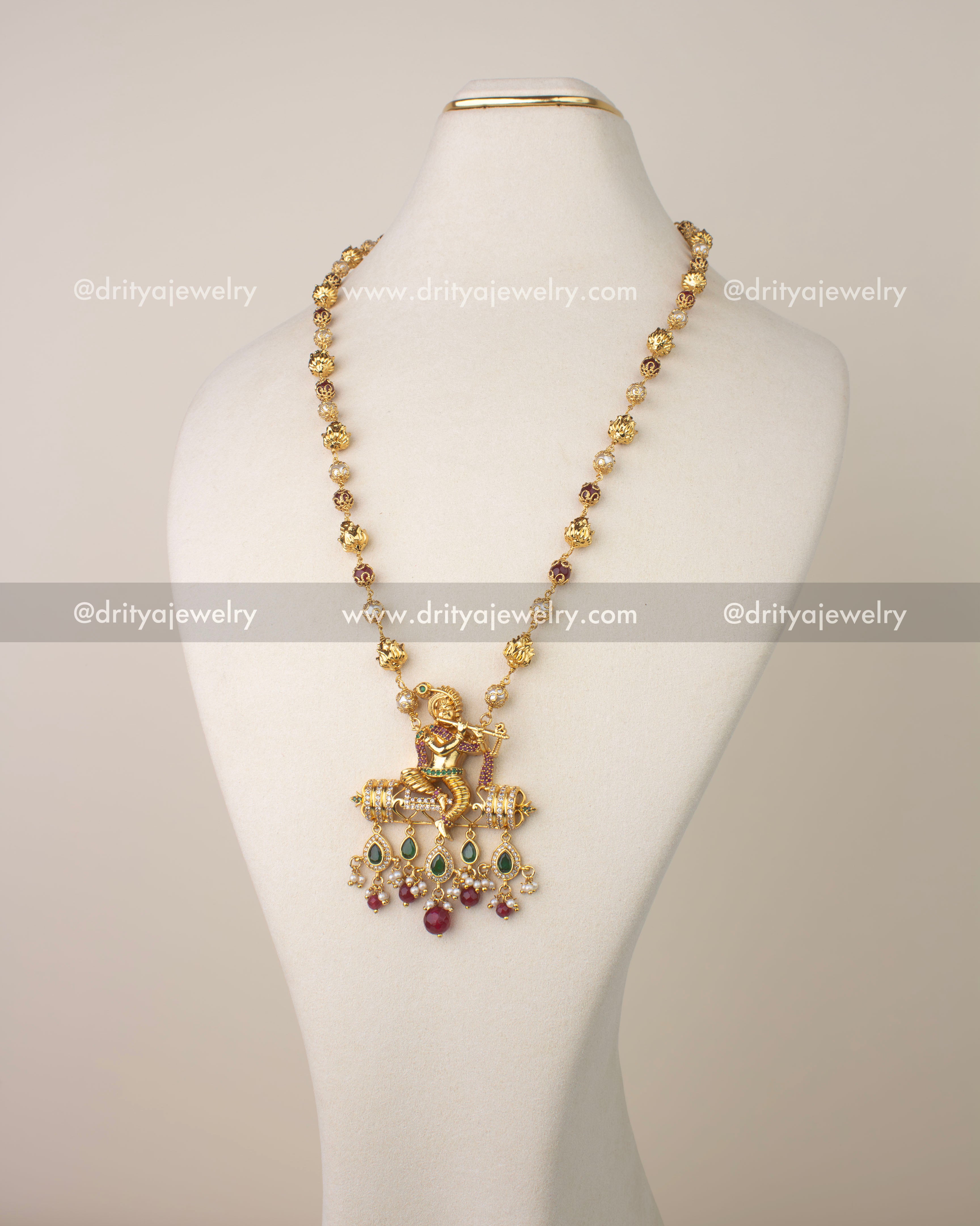 Premium Lord Krishna Pendant Necklace with Ruby Beads