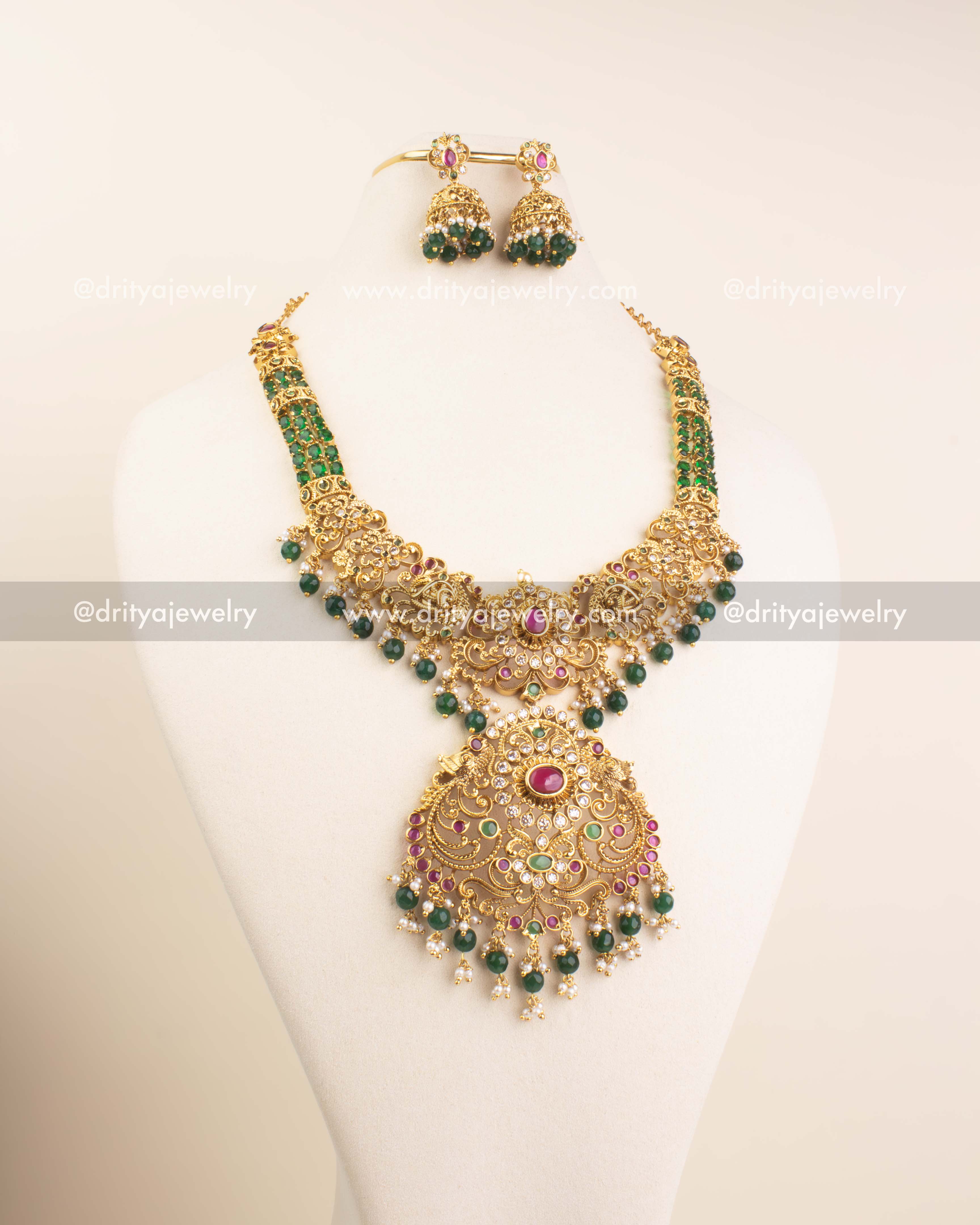 Premium Long Necklace Set with Filigree Pendant -  Emerald