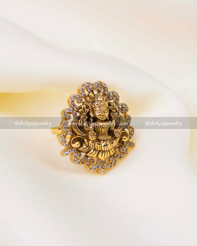 Antique gold Lakshmi temple ring with CZ stone detailing and Nakshi craftsmanship