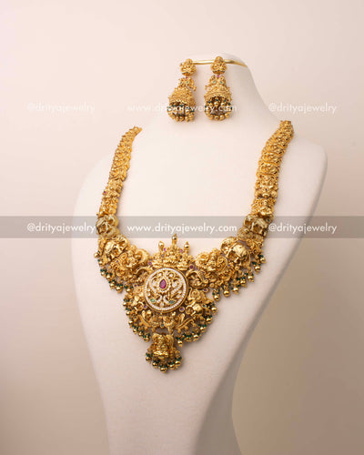 	Premium Nakshi Temple Necklace Set displayed with reversible pendant showing non-idol design