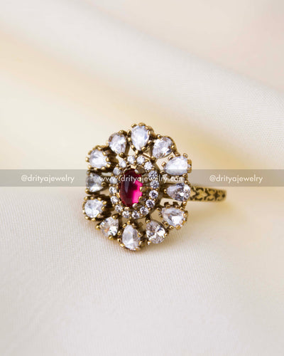 Victorian polish floral kundan finger ring with ruby red center stone