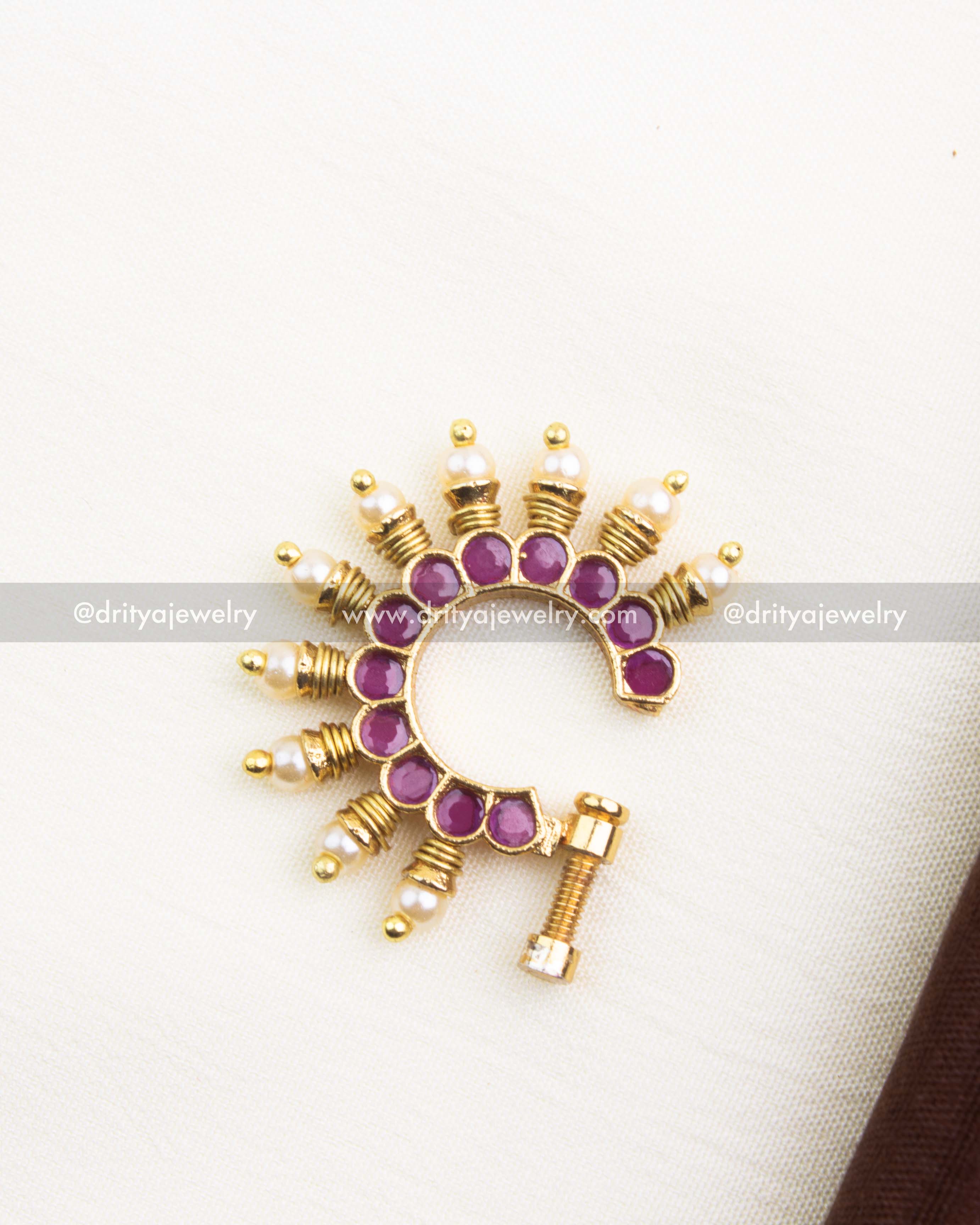 Premium Nose Ring with Ruby Red Stones and Pearls