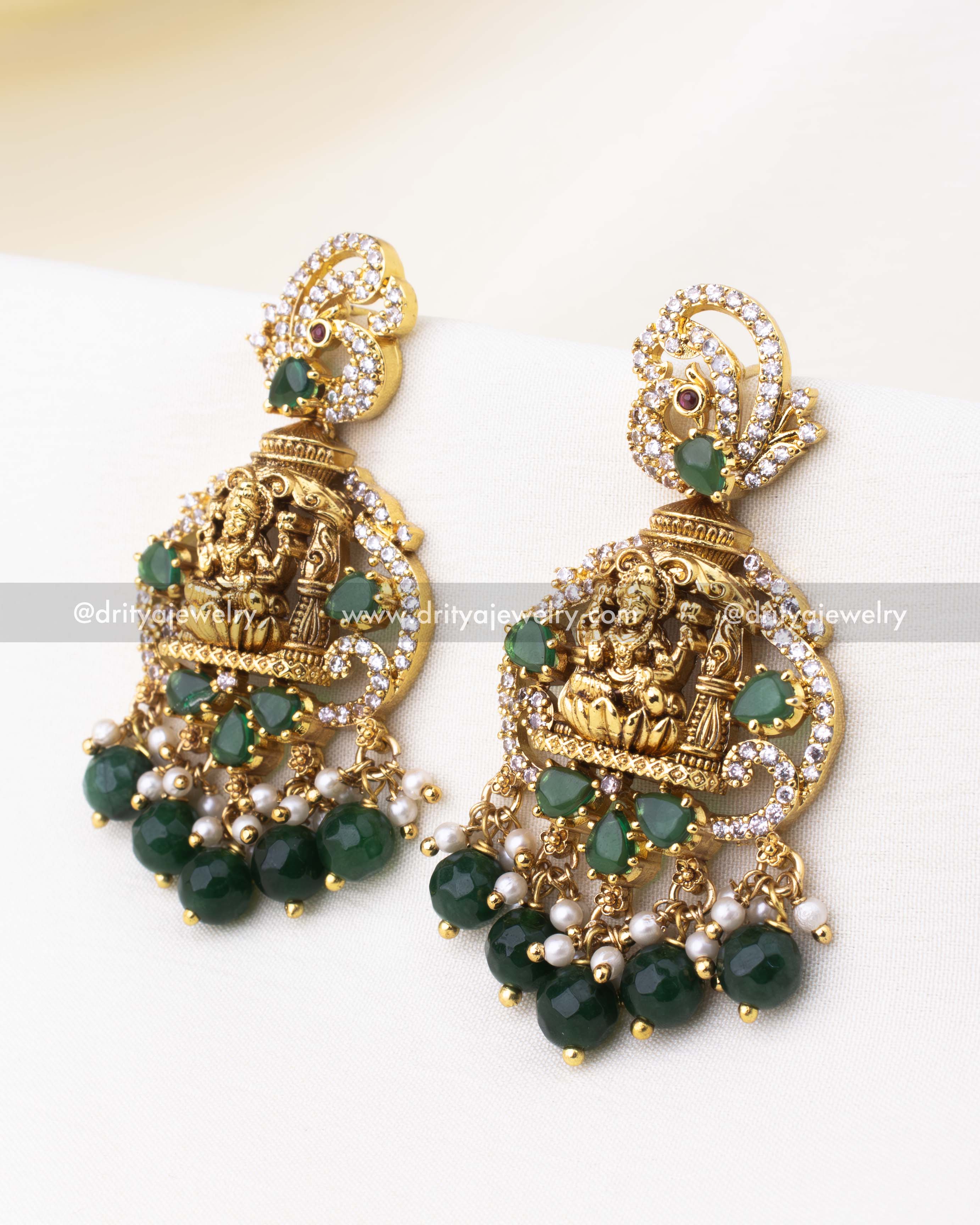 Premium Temple Danglers with Nakshi Detailing in Green