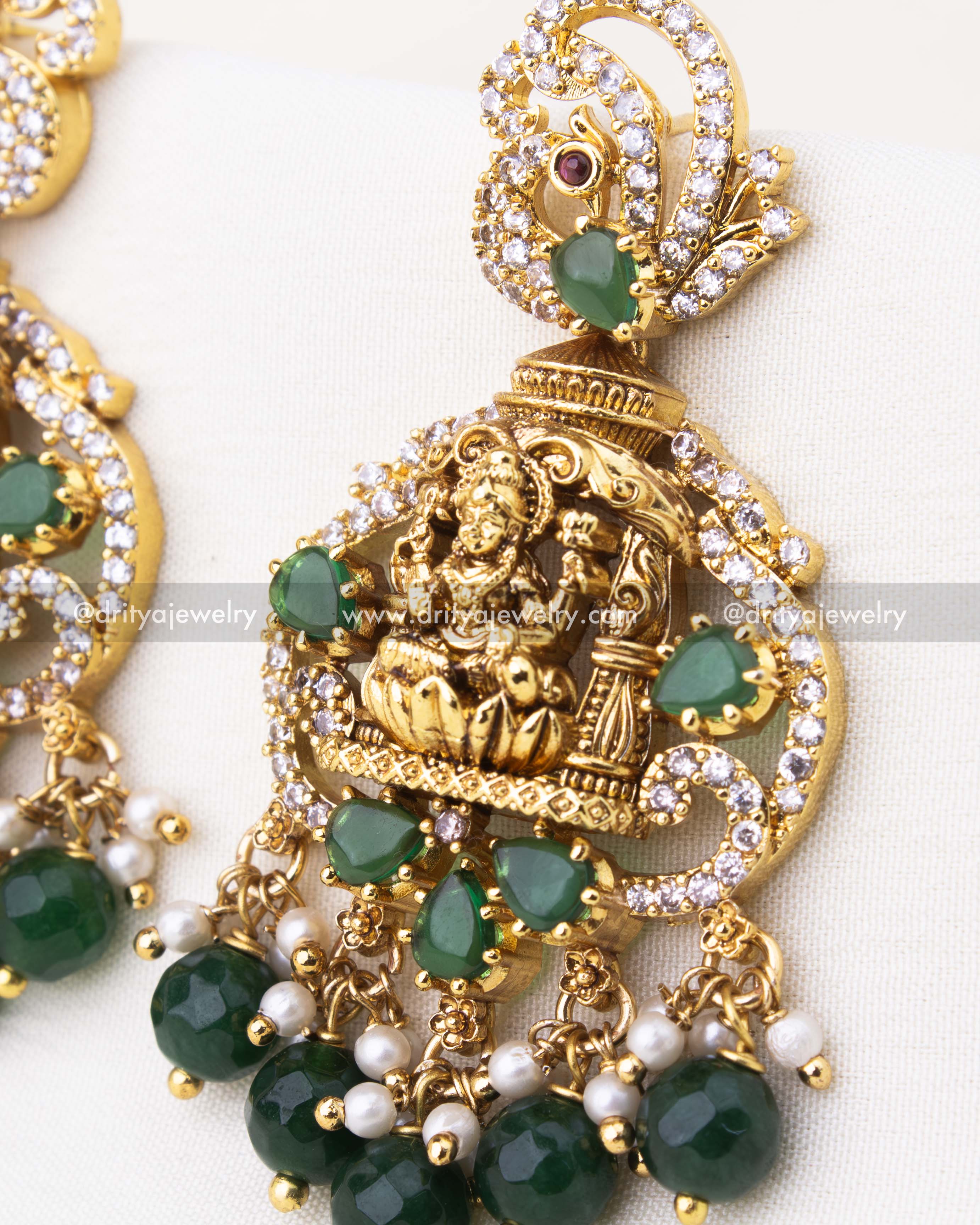 Premium Temple Danglers with Green Stones and Pearl Detailing