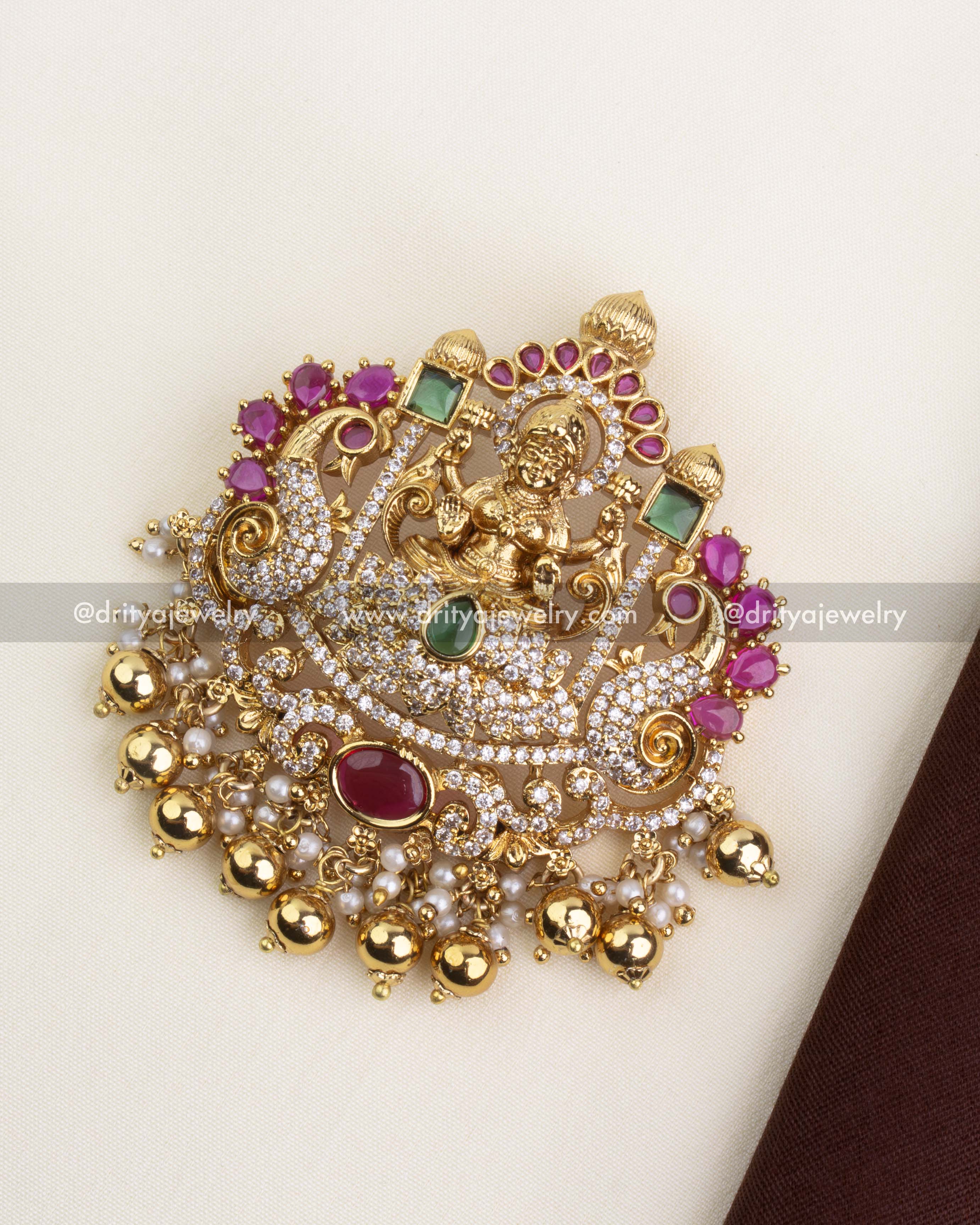 Traditional Lakshmi Devi temple pendant with ruby and green stones