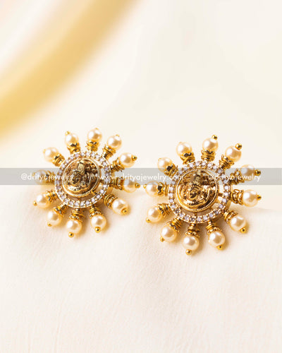 Round temple stud earrings featuring Lakshmi design with pearl and CZ embellishments.