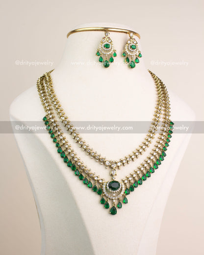 Victorian-style emerald green and CZ stone necklace set with matching earrings in dual-tone finish.