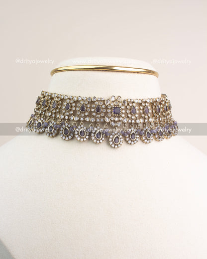 Victorian-style choker with purple teardrop stones, CZ detailing, and lilac beads.