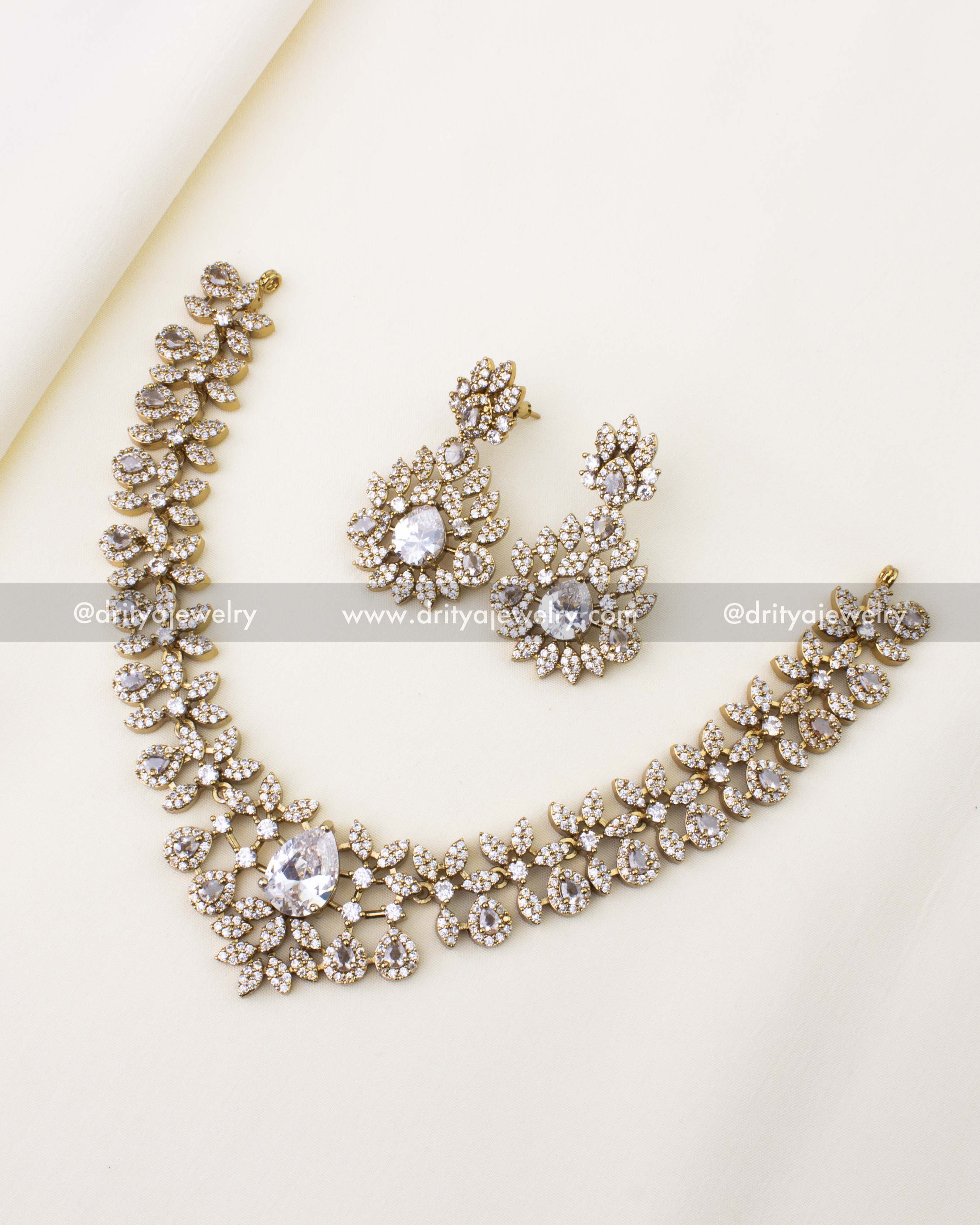 Victorian short necklace featuring CZ stones in floral design with diamond-alike brilliance.