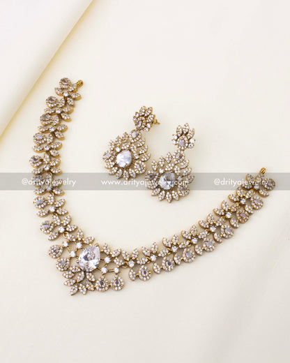 Victorian short necklace featuring CZ stones in floral design with diamond-alike brilliance.