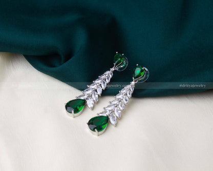 Premium emerald green zircon dangler earrings with cascading marquise stones and teardrop design.