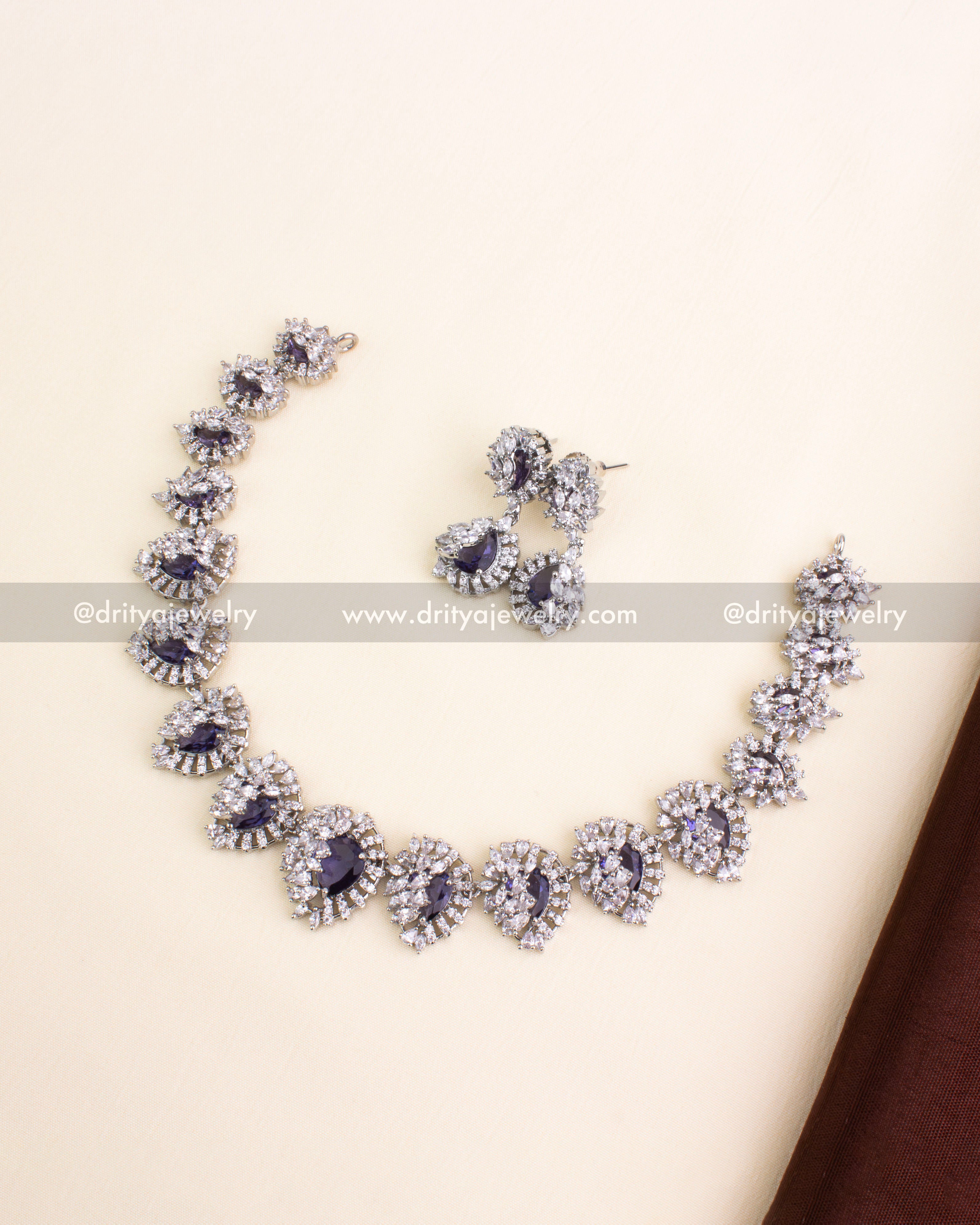 Premium Deep Purple Zircon Short Necklace Set with Rhodium Finish