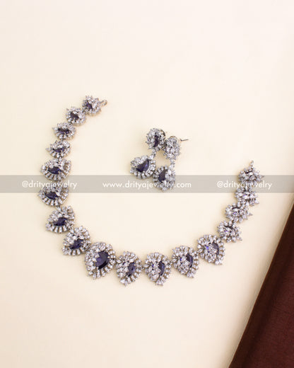 Premium Deep Purple Zircon Short Necklace Set with Rhodium Finish
